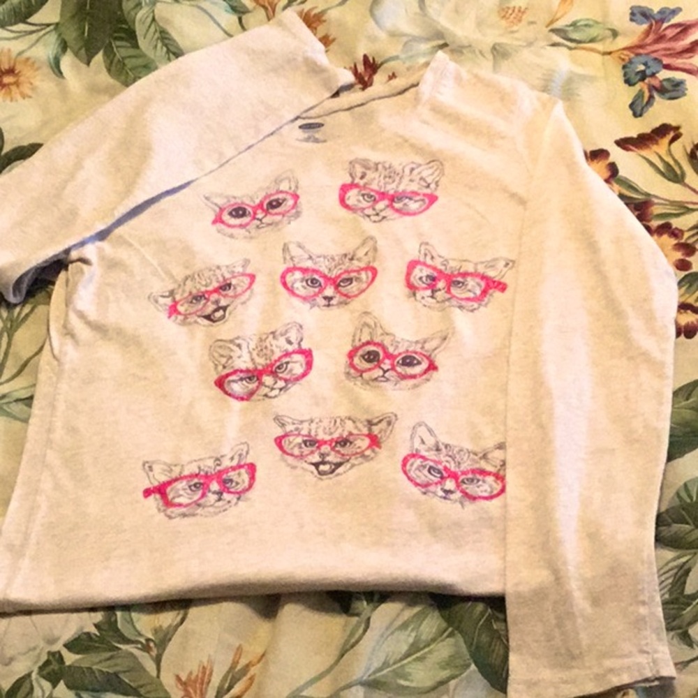 Old Navy Girls LongSleeve Top w/ 🐈‍⬛Kitty Glasses 👓 Beige/Pink Size L/G 10-12